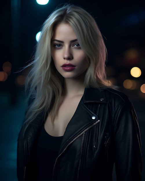 Confident Young Woman with Stylish Jacket and Glamorous Hairstyle