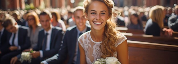 Foto confirmatieceremonie in een kerk met modieuze jonge tieners.