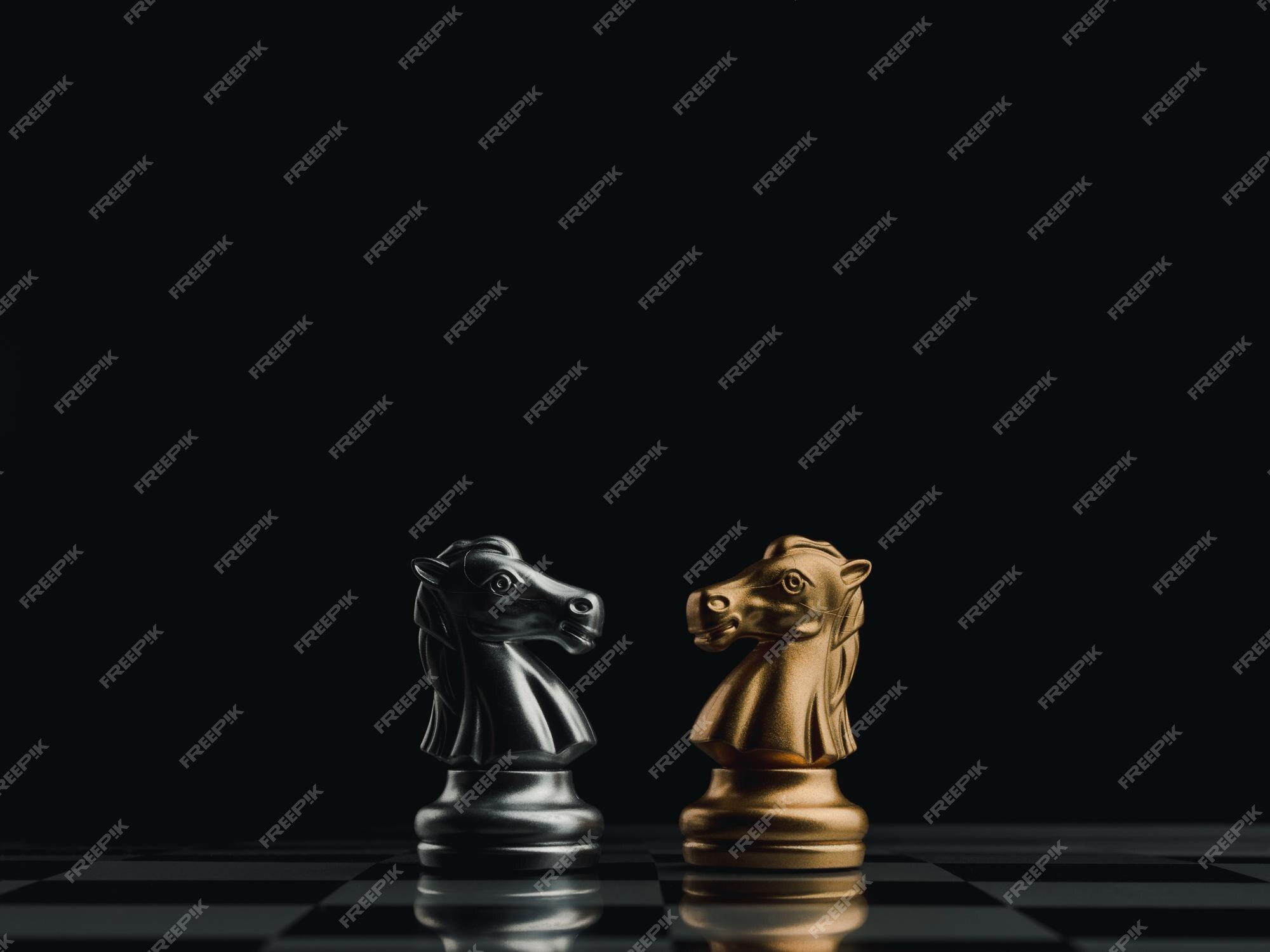 Premium Photo  The golden horse, knight chess piece standing in front of  silver pawn chess pieces on chessboard on dark background. leadership,  follower, team, commander, competition, and business strategy concept.