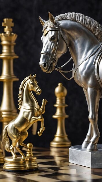 The confrontation between golden and silver horses knight chess piece standing together on hexagon p