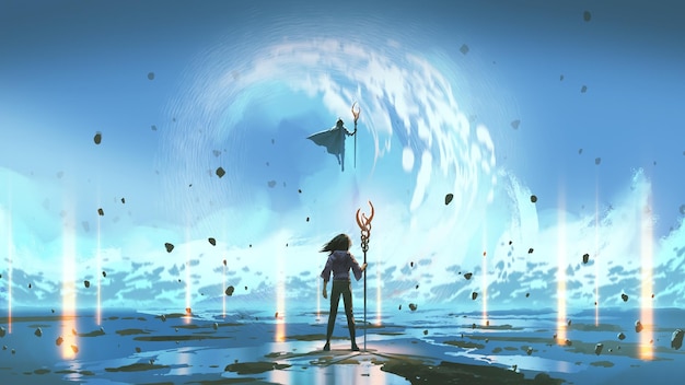 A confrontation between a hero and a villain set against the background of shore digital art style illustration painting