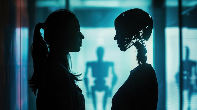 Confrontation of Humanity Woman versus AI in a Dark and Eerie Face Off with Shadows and Tension