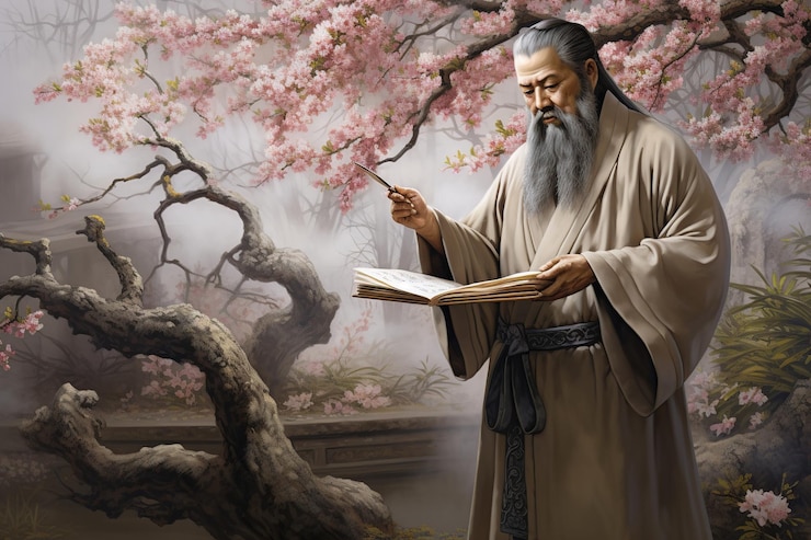 Photo confucius in bloom wisdom amidst cherry blossoms and timeless values