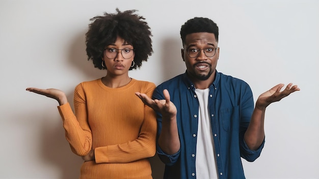 Confused african american couple gesture together with puzzlement being displeased with conditions