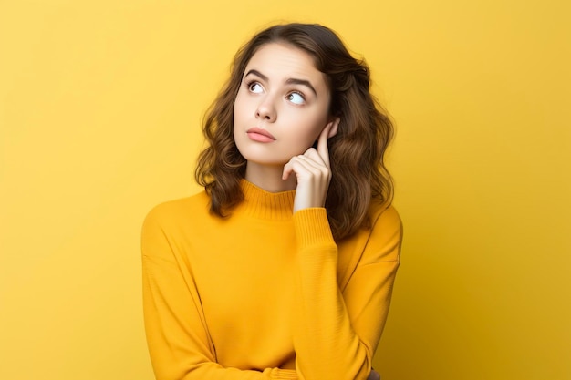 Confused beautiful teenage girl holding chin looking sideways in thought one color background