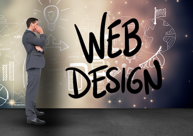 confused businessman looking at web design icons