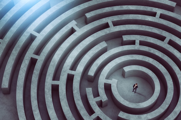 Confused businessman thinks how to find the right way to exit from a big maze