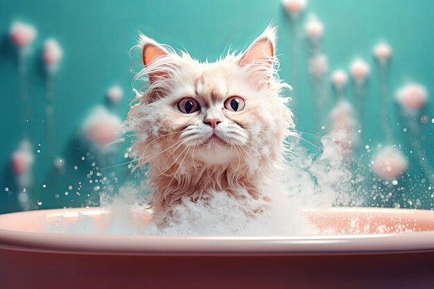 Photo confused cat in soap in bathtub cat grooming concept