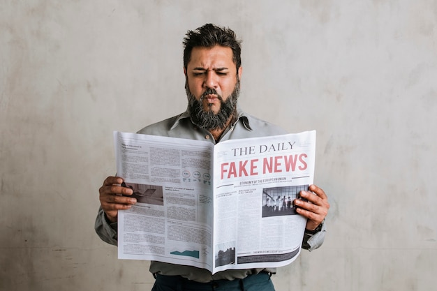 Photo confused indian man reading the newspaper