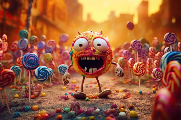 A confused lollipop being chased by craving candy zombies, zombie candyland ai generated