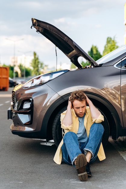 Confused man sitting by the wheel of the broken car with the hood up