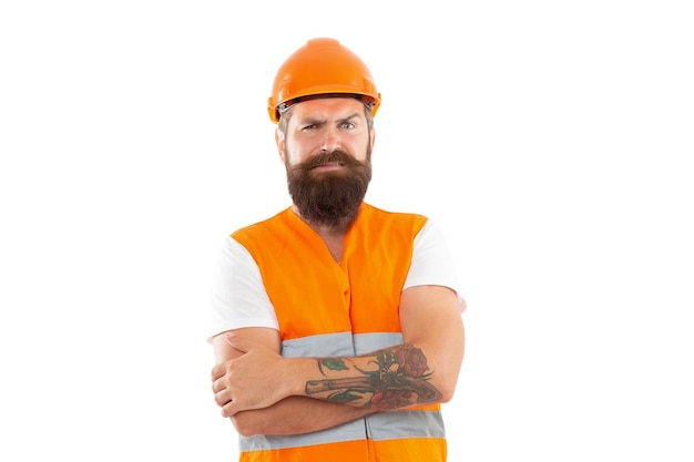 Confused supervisor man in uniform bearded supervisor man in orange vest studio shot