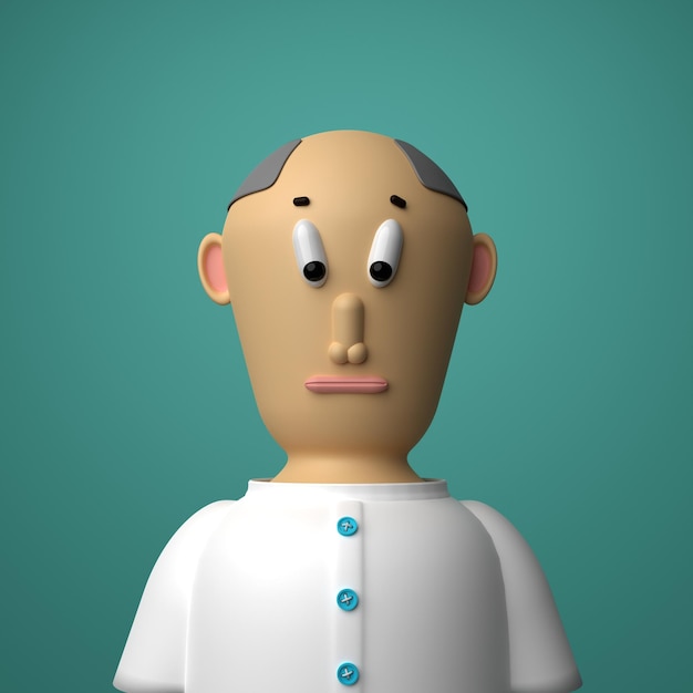 Photo confused white grown man in white shirt with bald top head 3d character illustration render