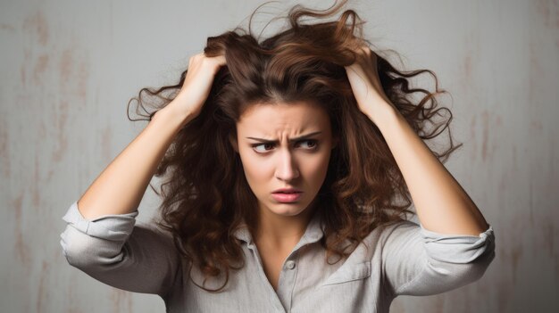 Confused woman puts her hands on the head isolated on white