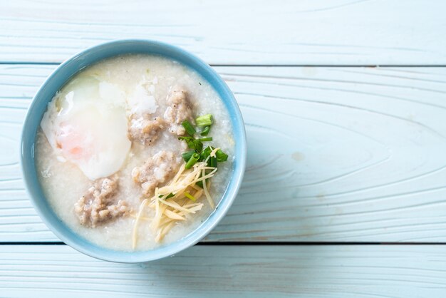 congee with minced pork in bowl