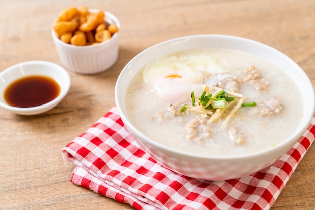 congee with minced pork in bowl 