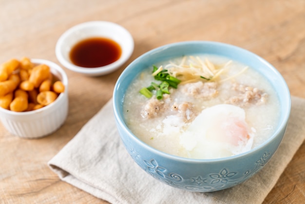 congee with minced pork in bowl 