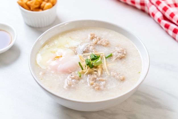 Congee with minced pork in bowl