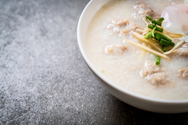 congee with minced pork in bowl