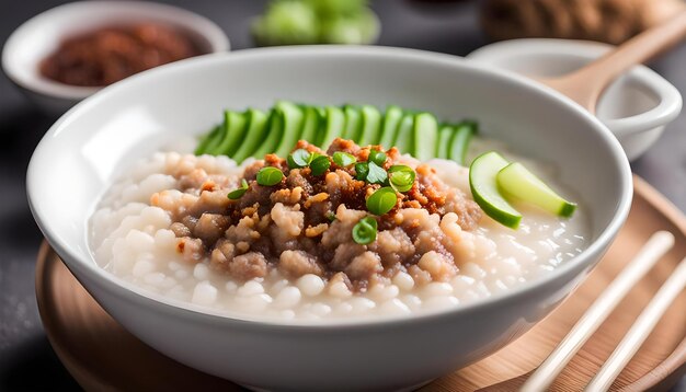 Foto congee con carne di maiale macinata in ciotola