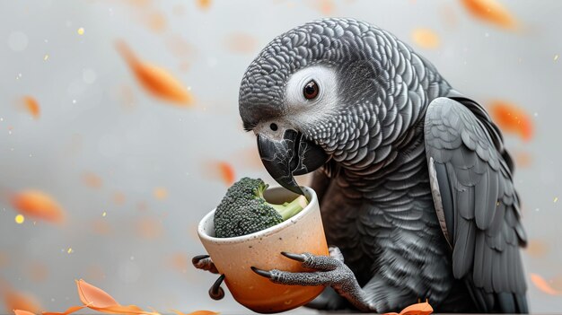 A Congo grey parrot is eating vegetables The bird is eating broccoli Cute funny African bird holding a healthy veggie in its paw Modern illustration isolated on a white background