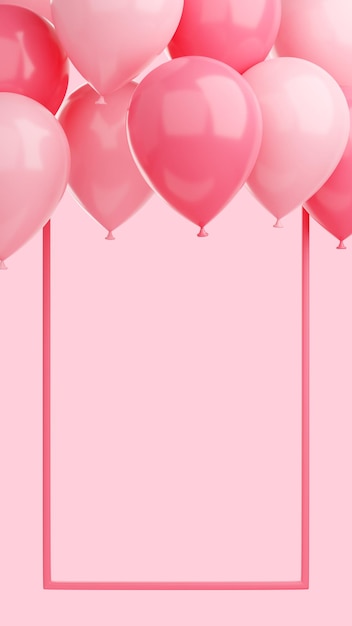 Congratulation banner with balloons and frame on pink background 3d render social media story