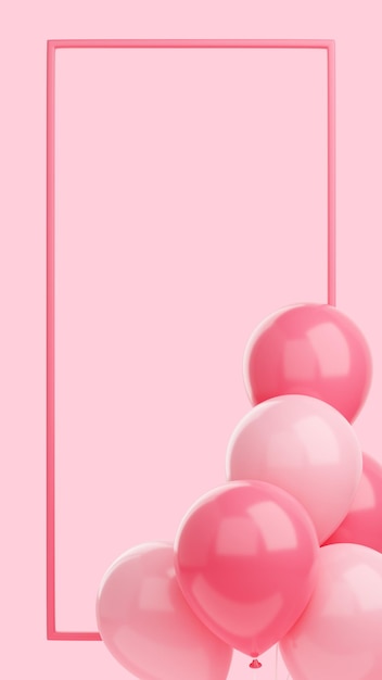 Foto banner di congratulazioni con palloncini e cornice su sfondo rosa 3d rende la storia dei social media