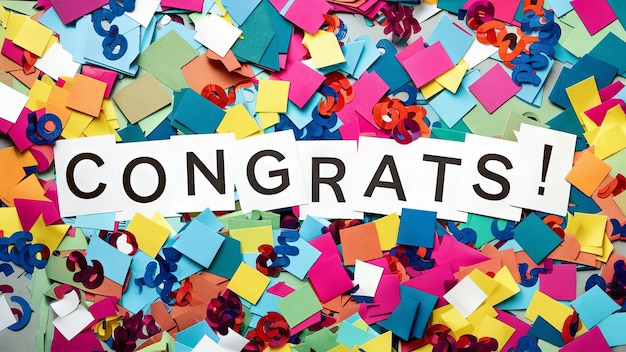 Congratulazioni lettere colorate con confetti isolate su sfondo bianco