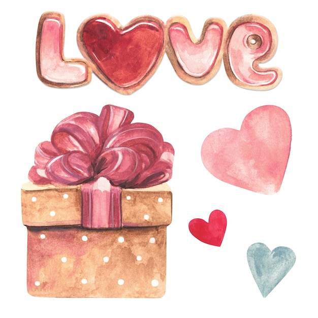Congratulations cookies Word Love Sweets of the Heart Gift box Watercolor drawing Isolate