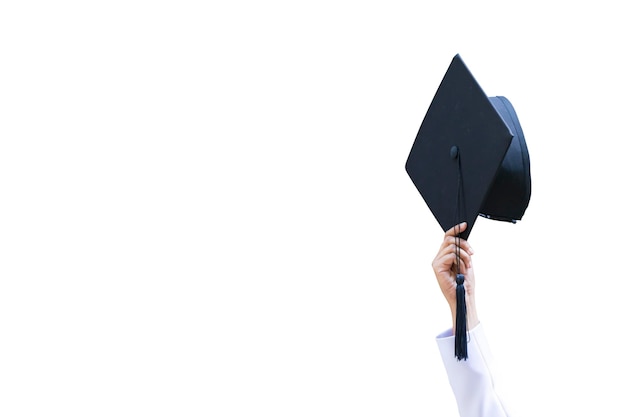 Photo congratulations graduates wearing a graduation gown of university white isolated background