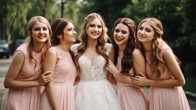 Photo congratulations on your wedding day outdoors a beautiful bride and bridesmaids in pink gowns embrace with a grin generative ai