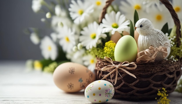 A congratulatory Easter background with Easter eggs and flowers perfect for wishing someone a happy Easter