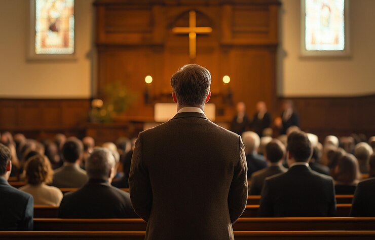 Photo congregants attend a worship service in a warmly lit church