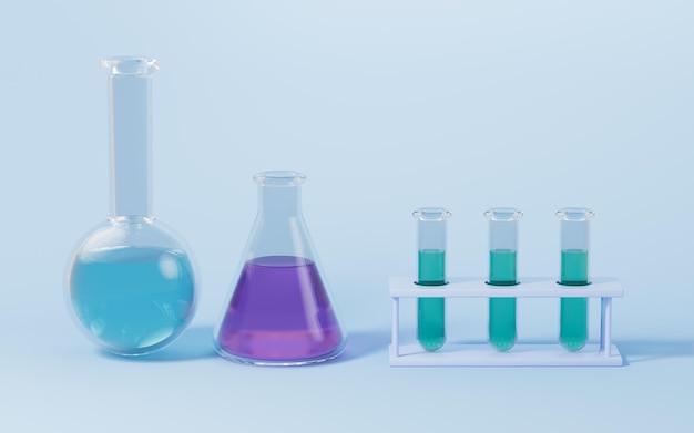 Conical flask and test tubes with blue background 3d rendering
