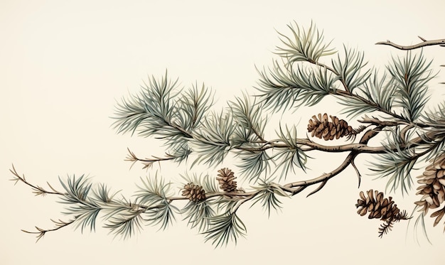 Coniferous branch on a white background in vintage style Selective soft focus