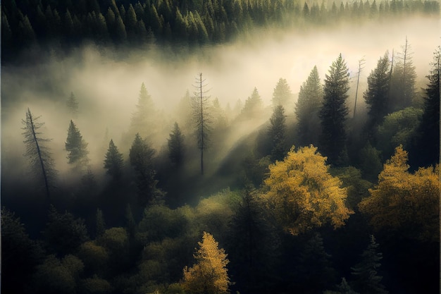 山中の針葉樹の霧の森 ジェネレーティブ AI