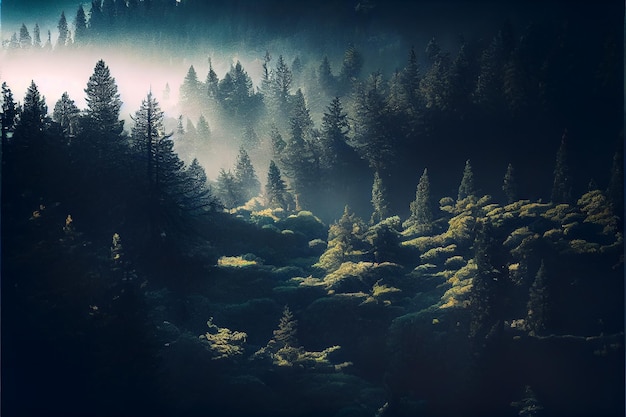 Coniferous foggy forest in the mountains Generative AI