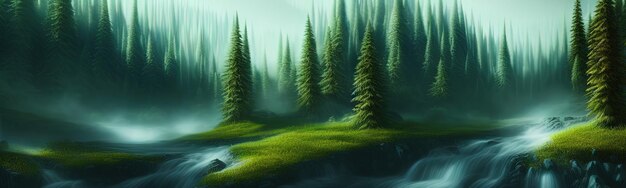 Coniferous forest Cute winter repeating landscape Horizontal view of winter forest nordic landscape