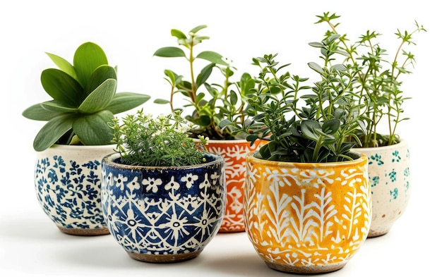 Photo conjunto de macetas de flores de ceramica con diseno pintado a mano
