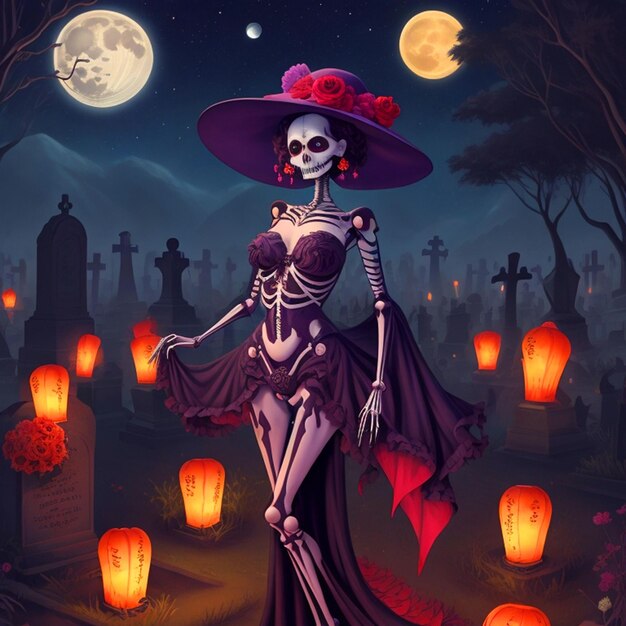 Conjure a surreal and dreamlike image of a Katrina her skeletal features delicately painted in viv