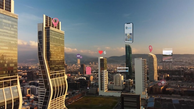 Connected aerial city with several interfaces Futuristic concept Augmented reality over Izmir