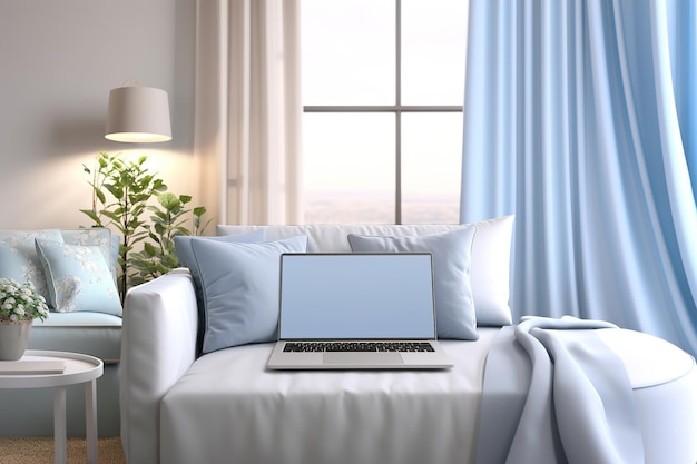 Подключенный комфортный открытый ноутбук на уютном диване в гостиной