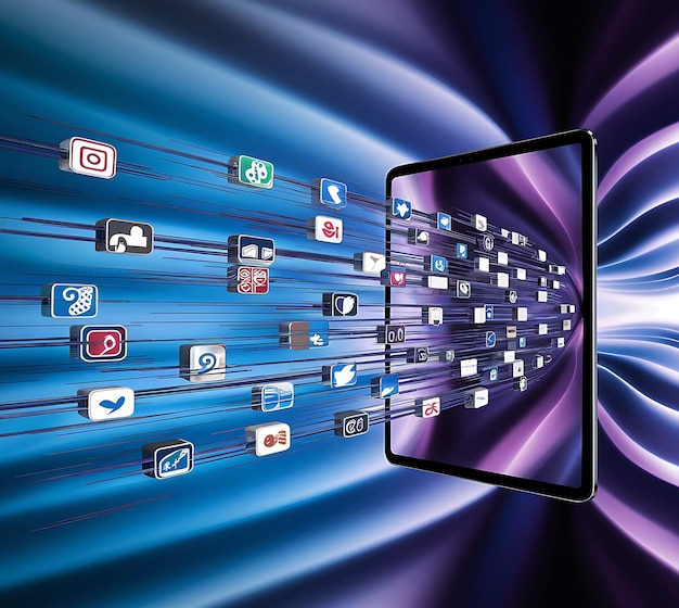 connected digital social media flying over tablet