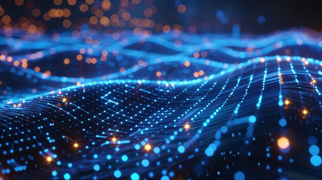 Connected dots and lines depict digital data flow