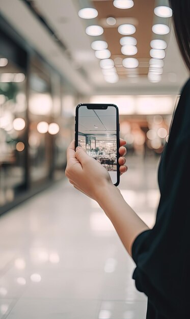 Connected Shopping A hand holding a mobile phone seamlessly navigating the mall shopping center bringing convenience at your fingertips Generative Ai