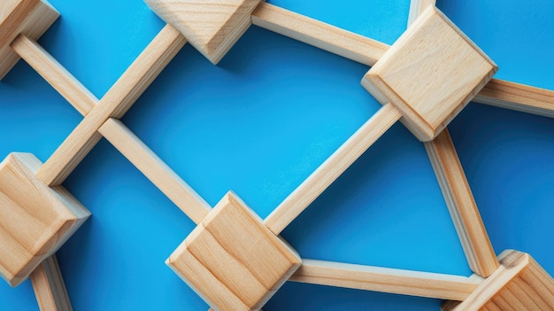 Connected wooden blocks on blue backdrop Teamwork idea