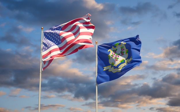 Connecticut US State Flags at sky background. 3D artwork