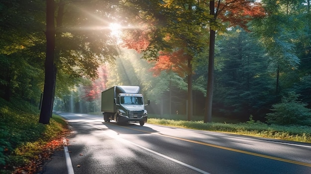 Connecting businesses Modern delivery truck navigating the highway in a forest Generative AI