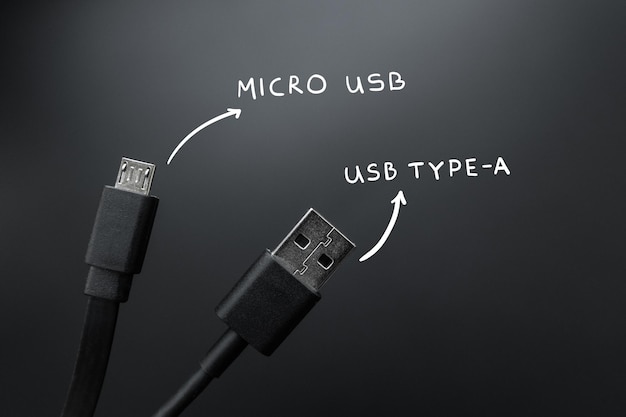 Connecting cables usb type a and micro wires. old technological standard.