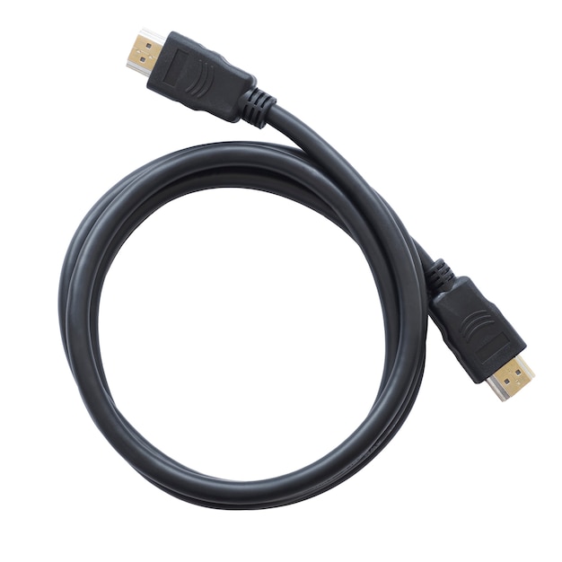 Connecting HDMI cable isolated white background. Tech, electronic, computer, tv communication cable